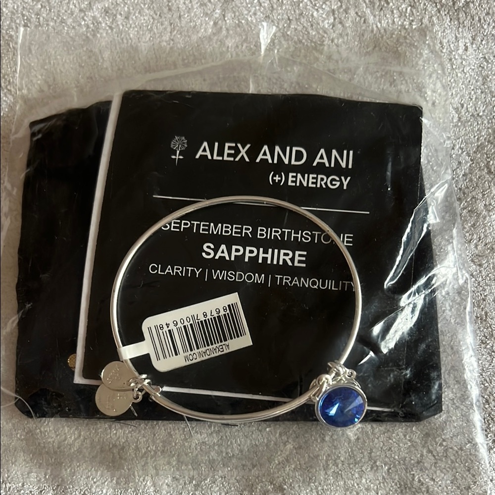 NWT -Alex and Ani Silver Bangle with Blue Sapphire Charm - September Birthstone